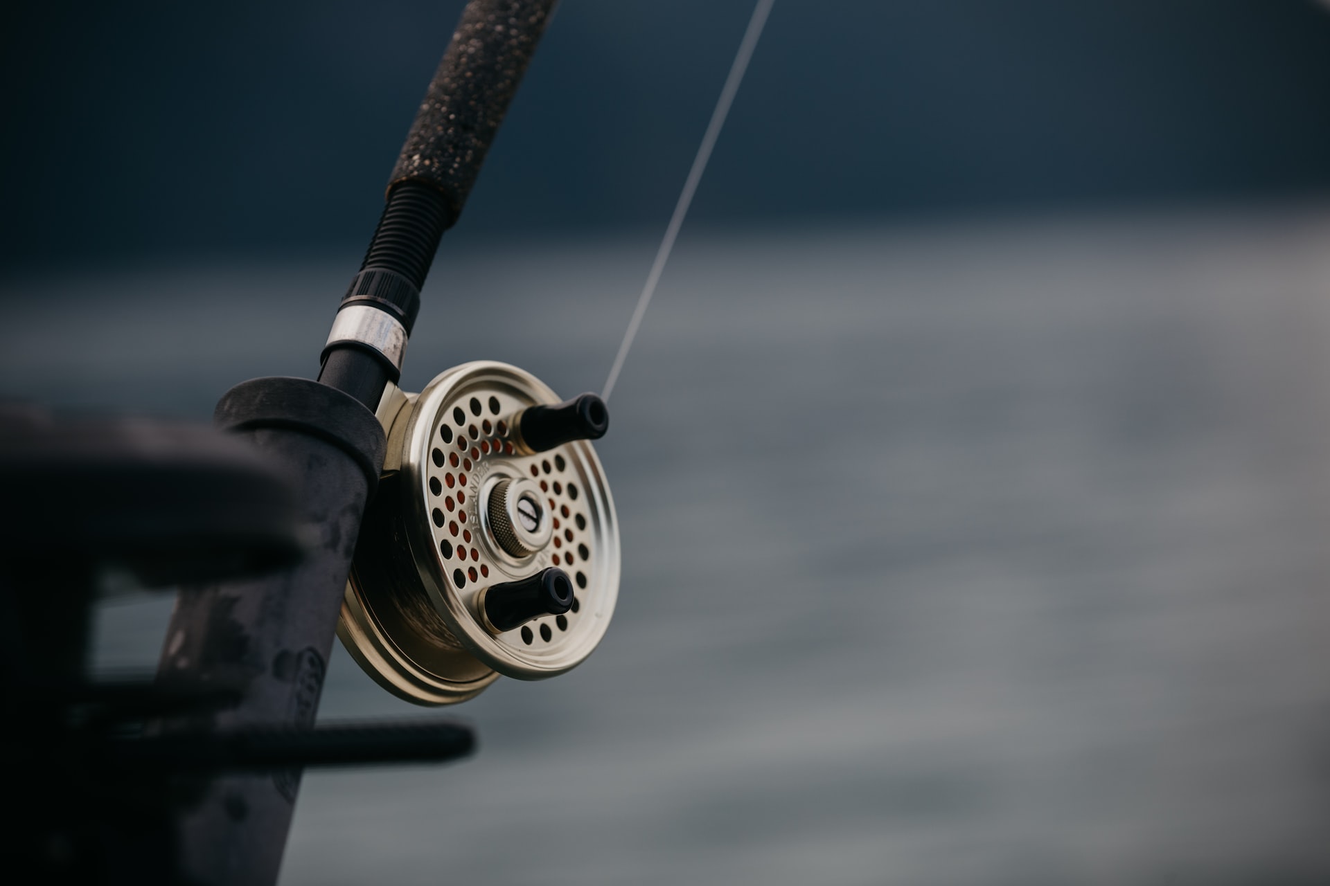 An angling rod with reel close-up