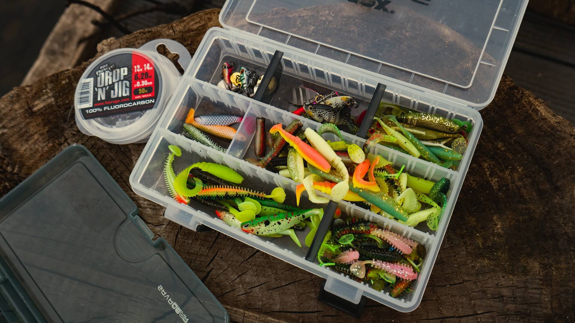 Plastic fish baits stored in a box