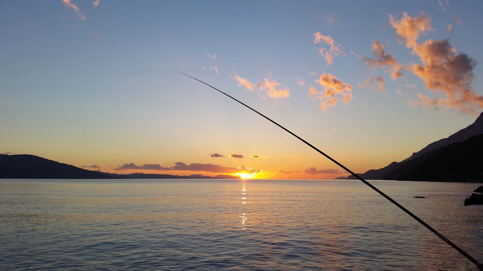 A fishing rod near water during sunset