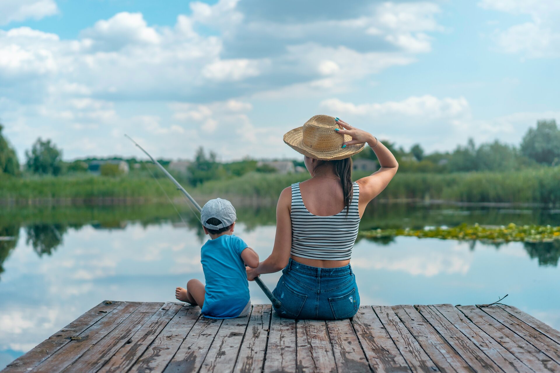 A mother and child fishing