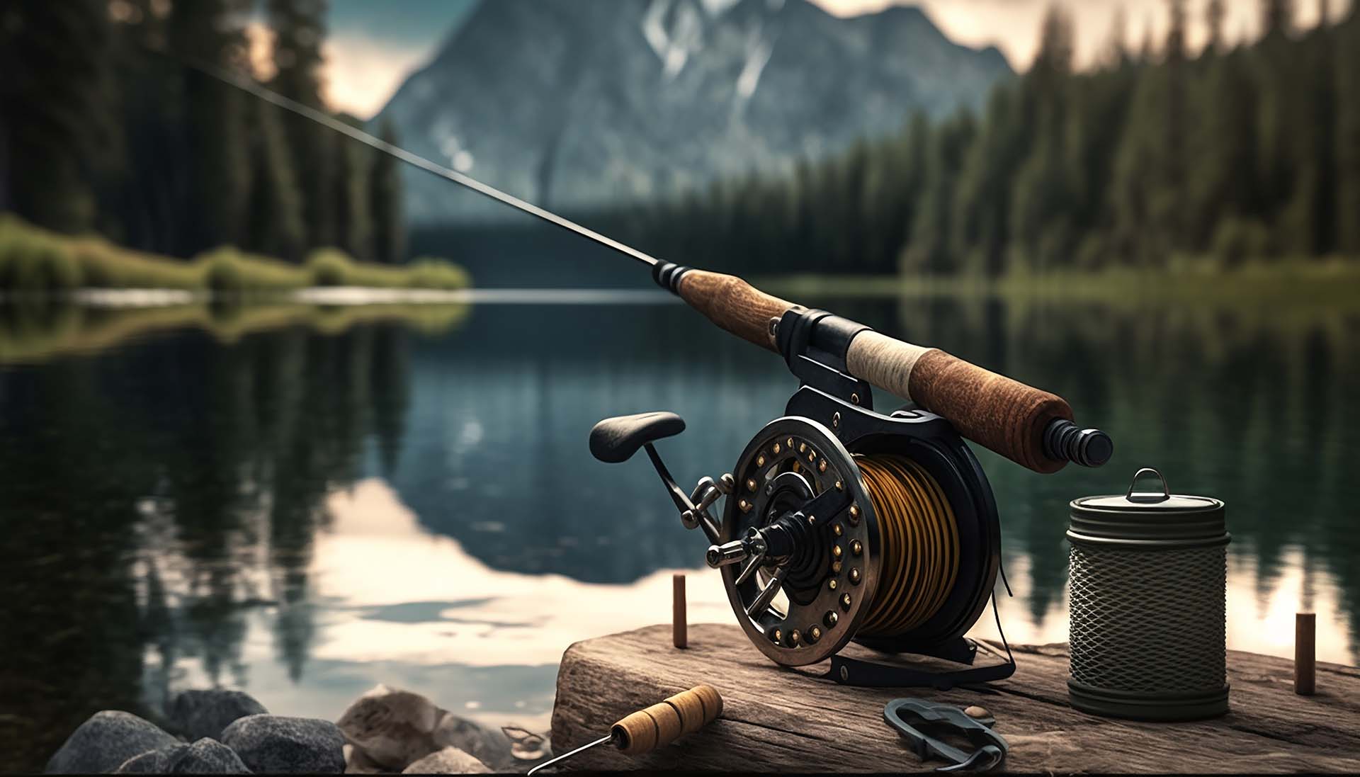 A fishing rod with a lake in the background