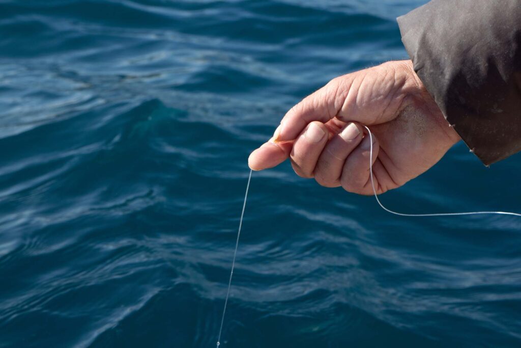 Person holding a fishing line near the sea