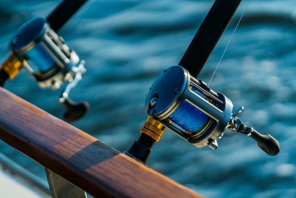 A fishing line on a baitcasting reel on a boat