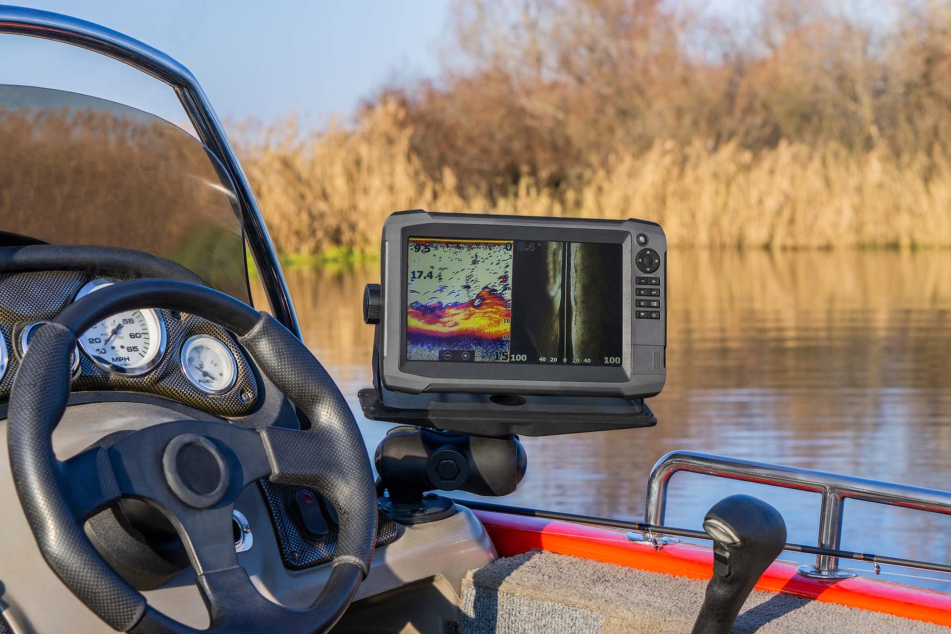 Fishing boat with a fishfinder attached