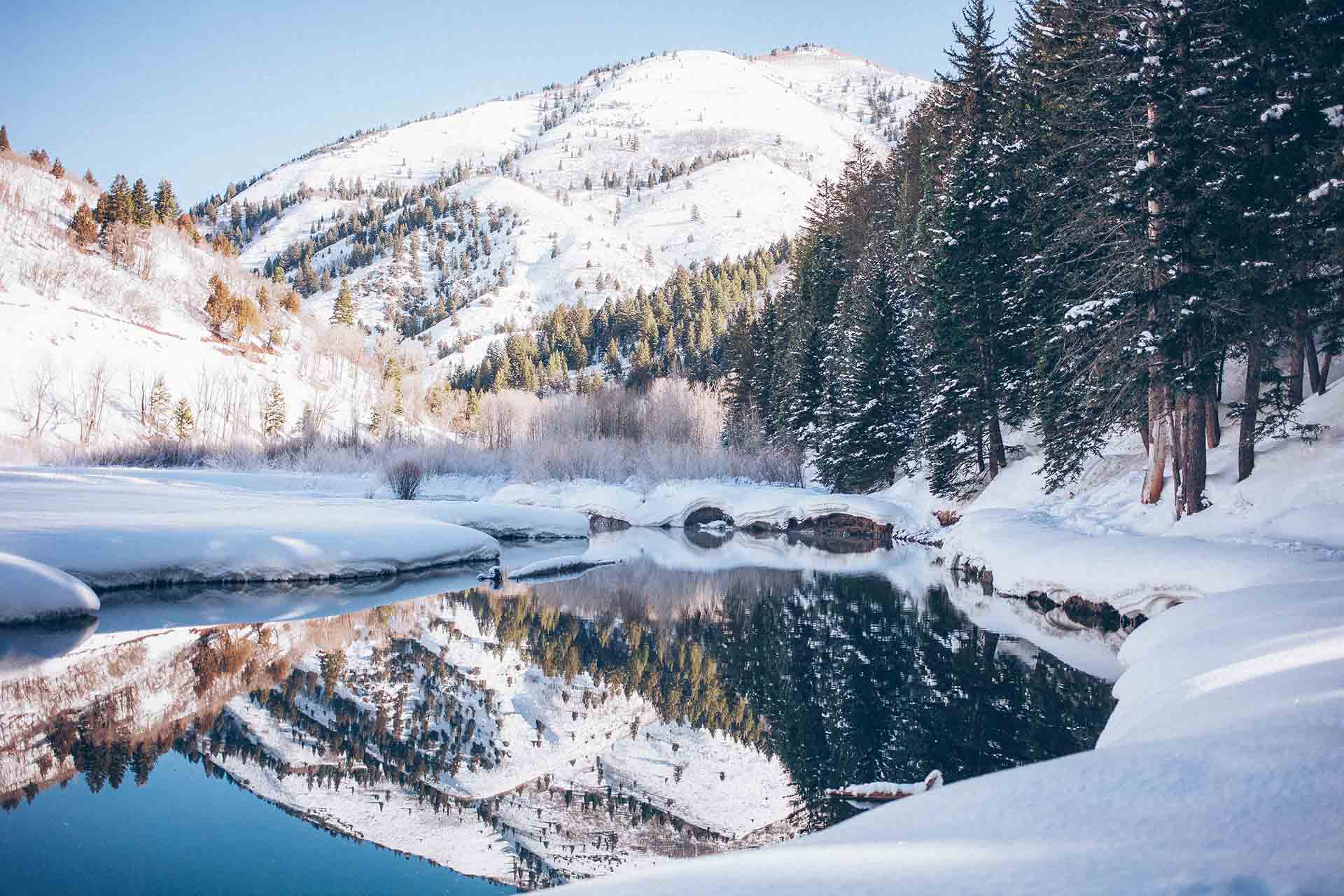 Mountains, trees, and a body of water during the winter