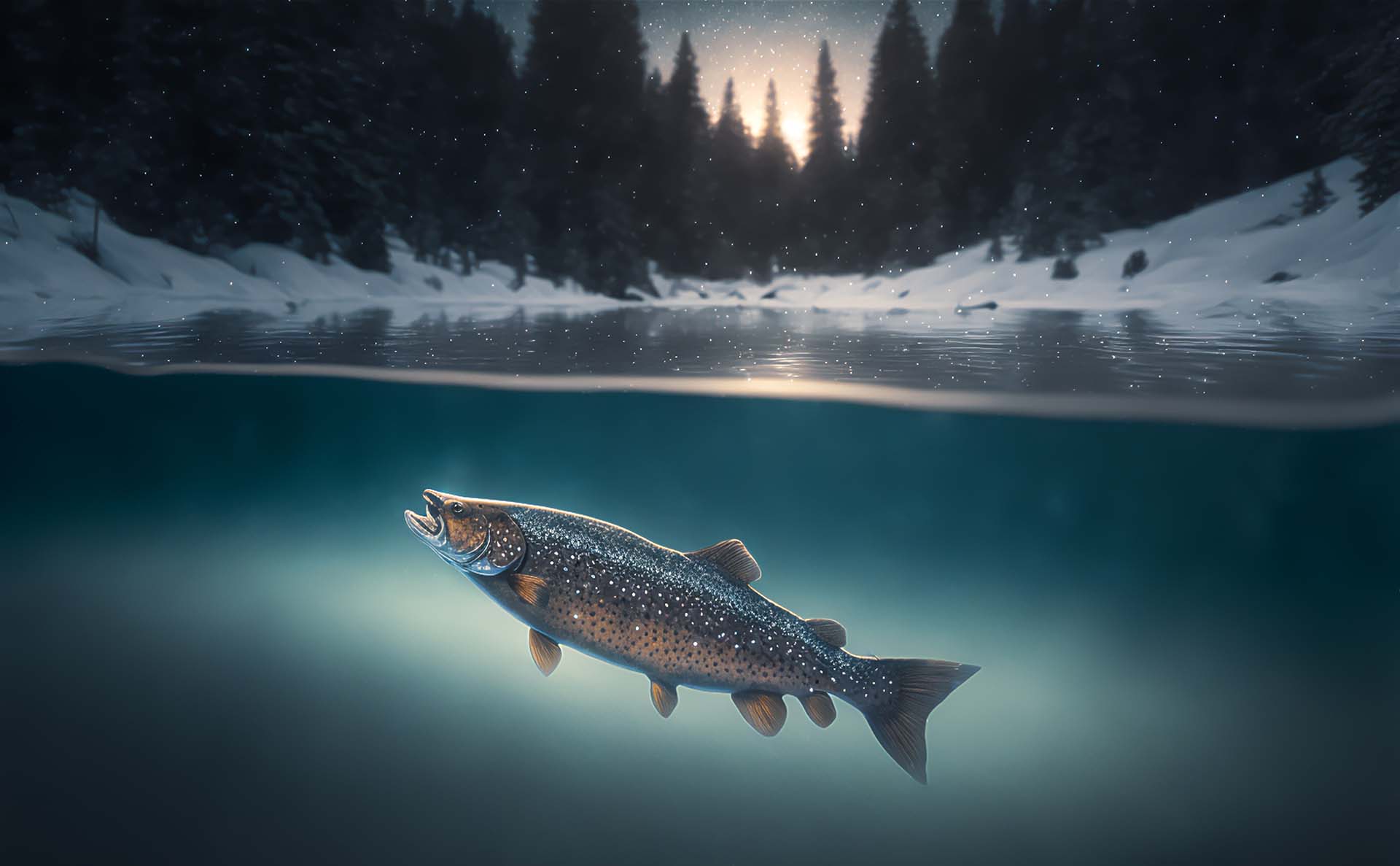 Trout underwater in the starry night