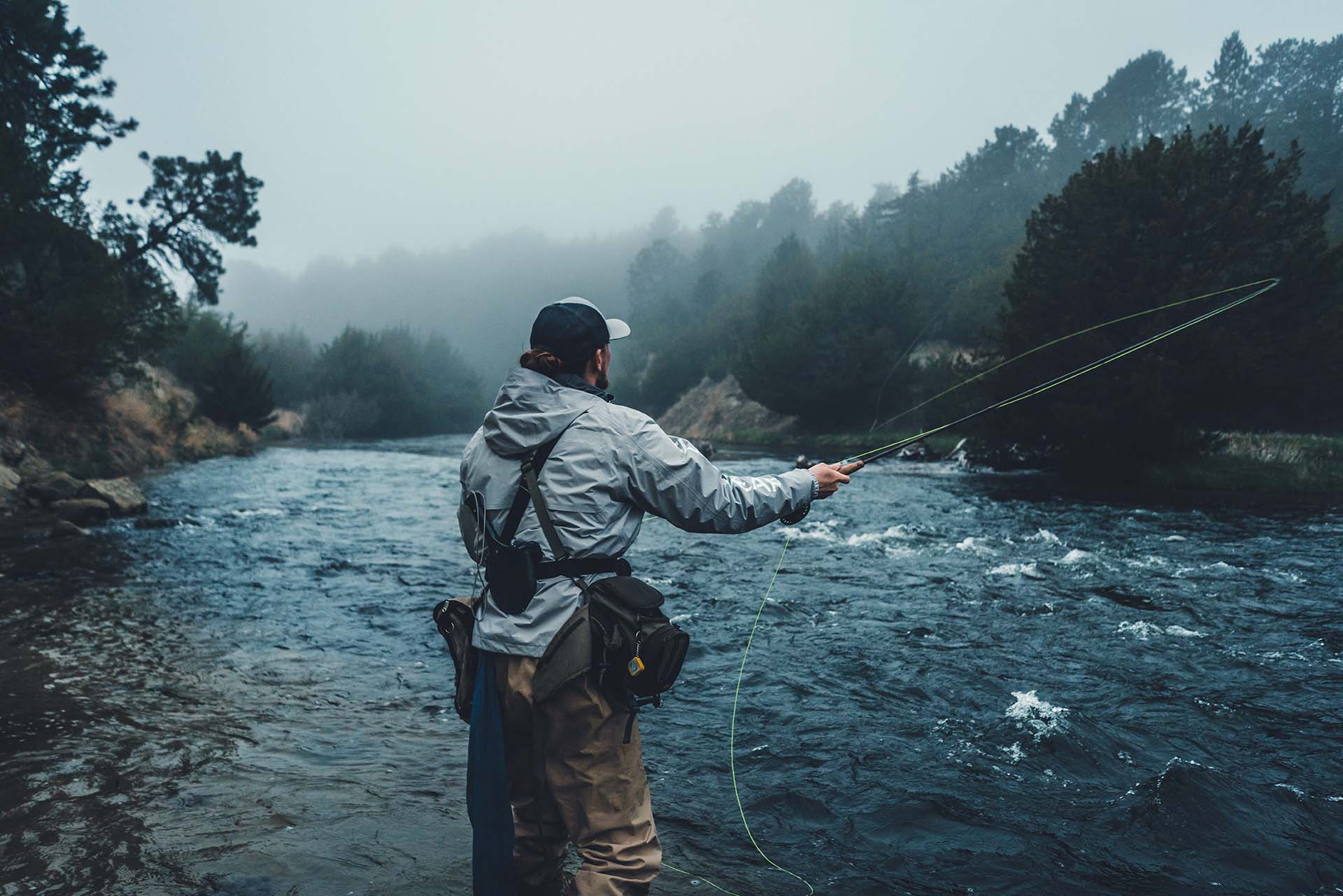 fly fishing during the fog in the canyon