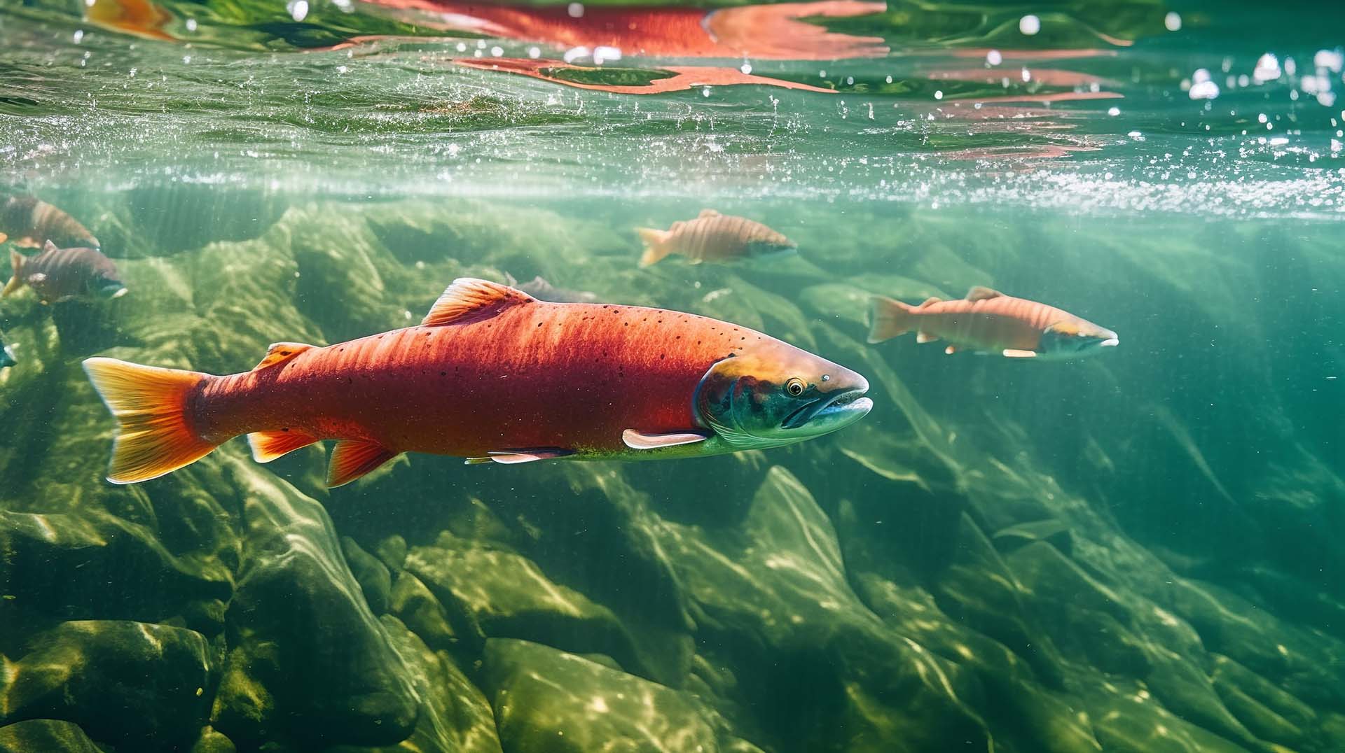 red salmon swimming in a river