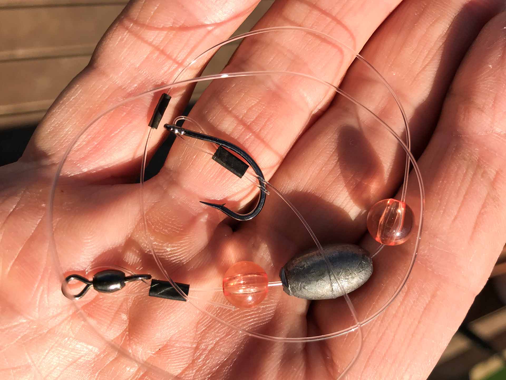 Carolina fish rig on a person's palm