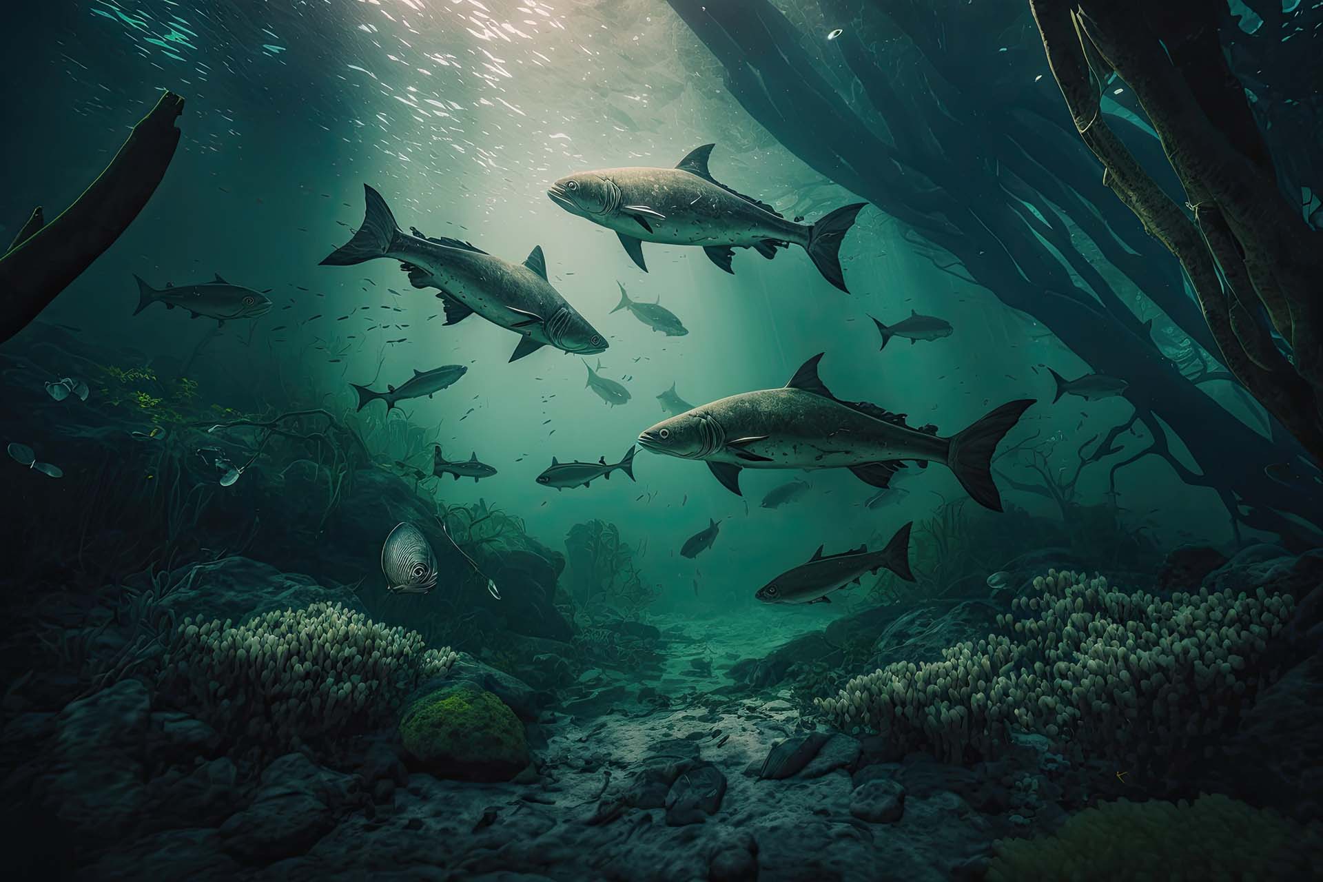In this stunning cinematic shot, we are transported to an underwater world filled with life and wonder. Multiple fishes of all shapes and sizes glide gracefully through the crystal-clear waters, their scales shimmering in the dappled sunlight filtering through the lush foliage above. The rich greenery of the surrounding nature creates a sense of tranquility and abundance, as if we are witnessing a vibrant ecosystem in perfect harmony. The camera angle is carefully chosen, placing us at the level of the fish and allowing us to feel fully immersed in this captivating aquatic environment. It's a breathtaking scene that captures the raw beauty of nature and invites us to dive deeper into its mysteries.