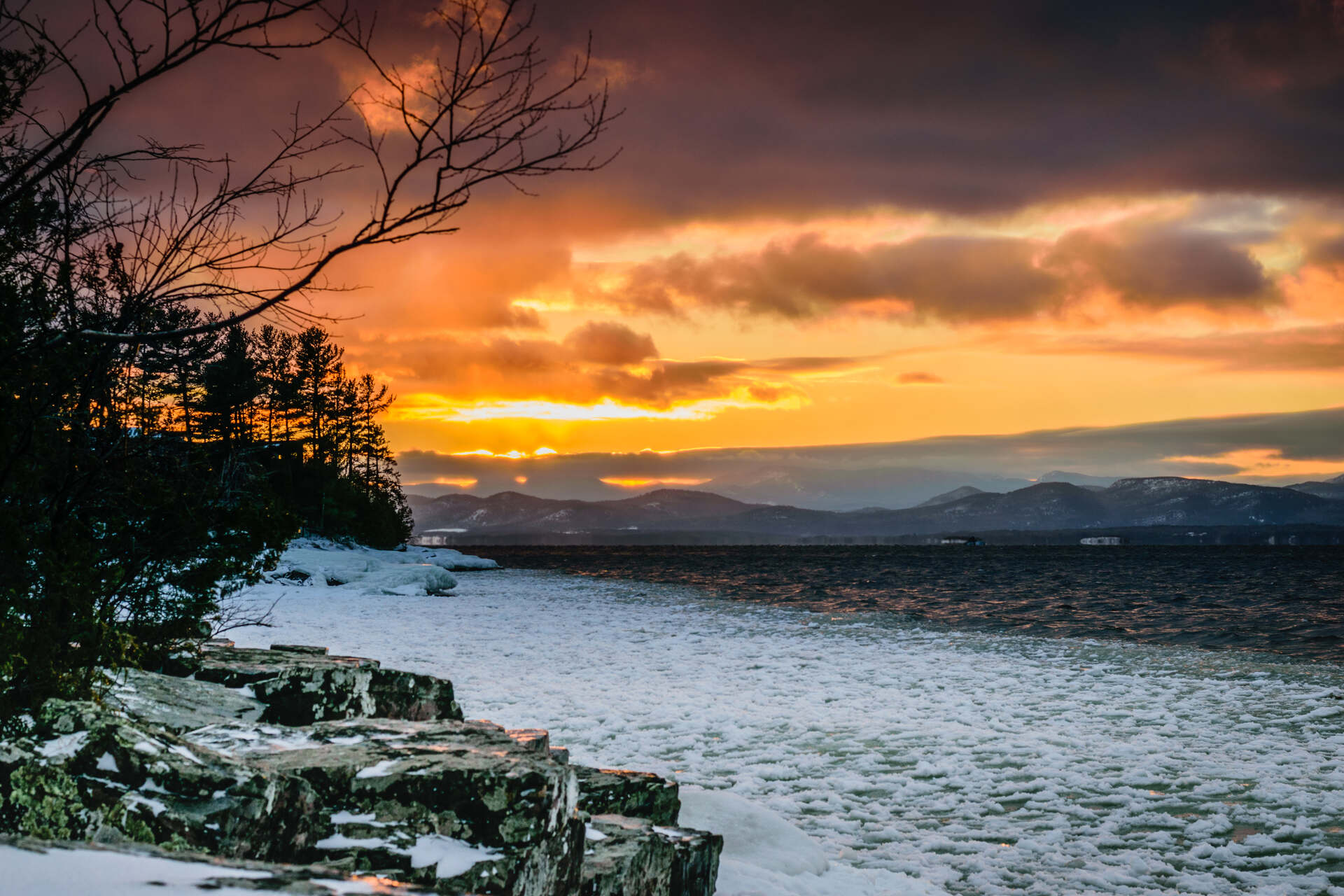 Winter sunset over Lake Champlain