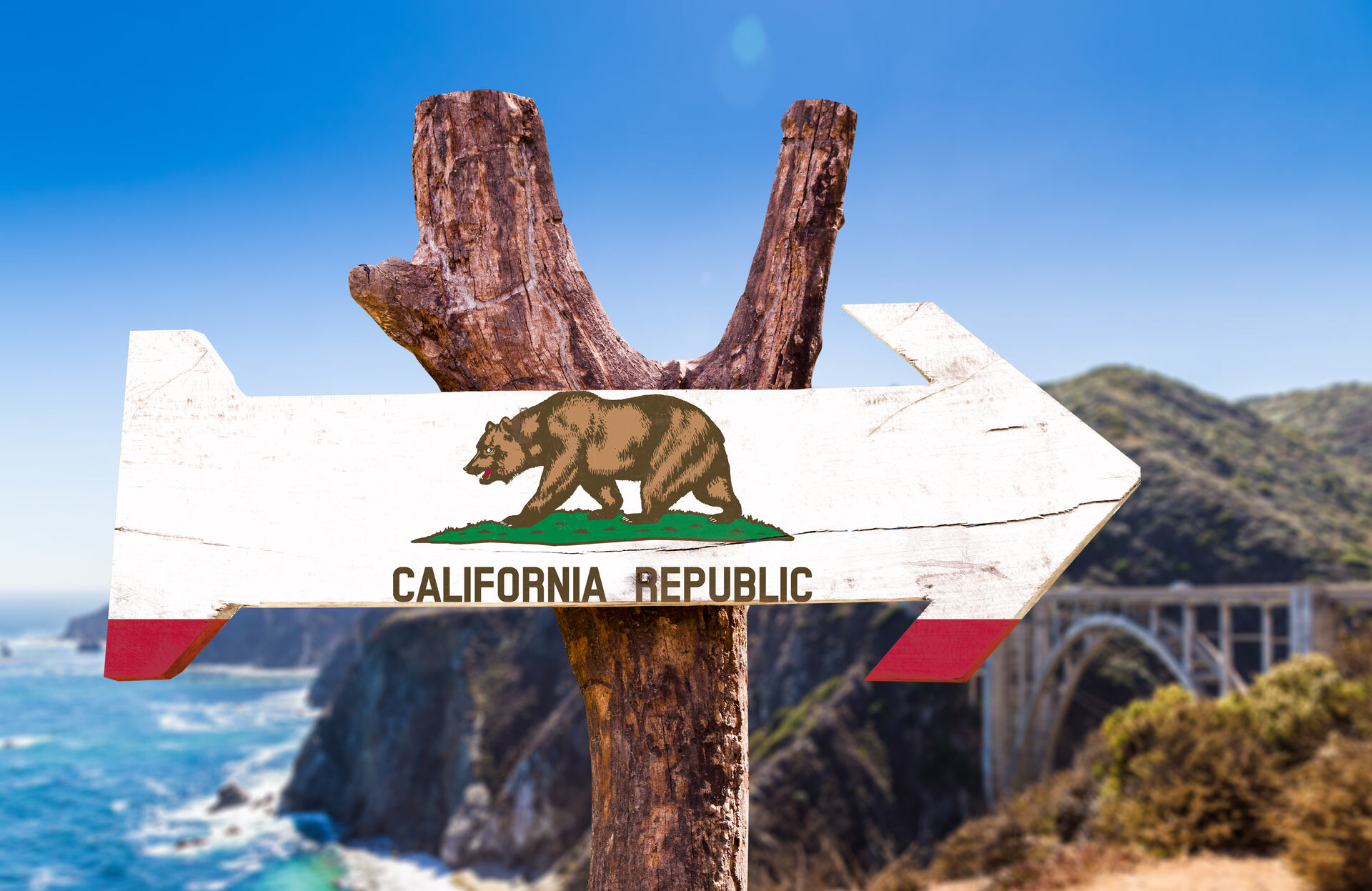 The California Republic sign on a beach